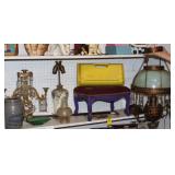 Shelf lot: Lamps, Erector pieces, Cane, etc.