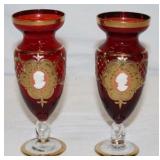 Pair of Bohemian Cranberry Vases w/ Cameos