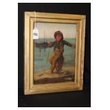 19th century Oil on Board Little Boy Fishing