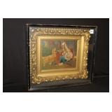 Original Oil on Canvas Lady w/ Dogs in shadowbox