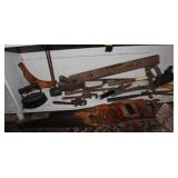 19pc Antique Tool lot; Saws, level, plane, pipe