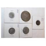 5 Coins: 1921 Peace Dollar, 1835 Punched dime