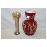 2pcs Fenton Ribbed Marigold Glass Vase & MCM