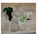 Shelf lot; green & ruby punch bowl, cups,