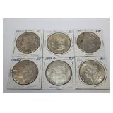 6 US Peace Silver Dollars; 1921,1922,1923,1924,