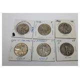 6 US Liberty Silver Half Dollars; 1920,1943,1936,