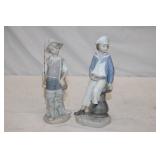 2pcs Lladro Porcelain 'Going Fishing' 8.75in &