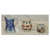 3pc Porcelain Antique Pitchers; tallest blue/white