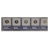 5 US Silver Quarters, all graded proof 70;