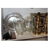 Shelf lot; brass lamps,silver chargers, mirror, et