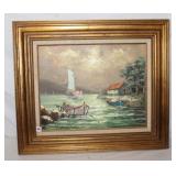 20th Century Oil On Canvas Boats on a Lake