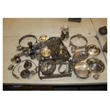 Misc. silverplate trays, match holder, and compote