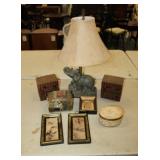 Decor lot to include elephant lamp, trinket box