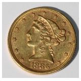 1886 Liberty Head Half Dollar US $5 Gold Coin