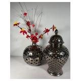 Silver Ceramic Ginger Jar, Round Silver Metal Vase
