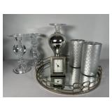 Mirrored Tray, Glass Candlesticks, Silvered Candle