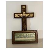 Wall Crucifix; Framed "The Last Supper" Print