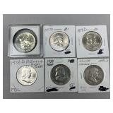 (6) Franklin Half Dollar ï¿½ 1957, 57-D, 58-D, 59, 5