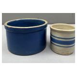 Blue Stoneware Crock; Cream 'Grain Sack' Stonewa