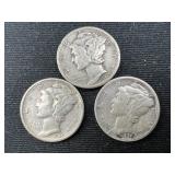 (3) Mercury Dimes- 1939, 1945, 1945-D