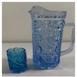 Vintage Blue "Button and Cane" Pitcher; Blue Too