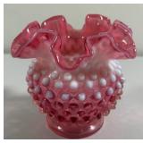 Fenton Pink Cranberry Hobnail Ruffle Top Vase