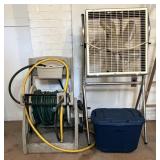 Water Hose And Reel; Box Fan And Stand; Tote