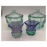 2 GLASS CANDY DISHES AND 2 VOTIVES