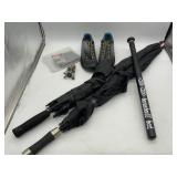 UMBELLAS, SHOES AND BASEBALL BAT