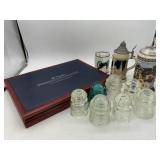 GLASS INSULATORS, COIN COLLECTION BOX, STEINS