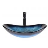 $132 Bathroom Oval Glass Vessel Sink, Ocean Blue