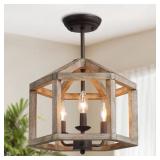 $145 Rustic Drum Bronze Wood Semi-Flush Mount
