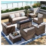 $1528 Brown 8pc Rattan Patio Set w/Fire Pit Table
