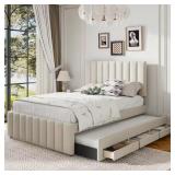 $547 Beige Wood Full Bed w/ Trundle & Drawers