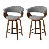 2 Gray Fabric Swivel Counter Stools, Walnut Bases