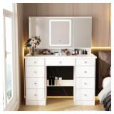 White Vanity Desk, 9 Drawers, 3 Mirrors