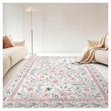 PINK FLORAL MACHINE WASHABLE AREA RUG WITH NON-SLI