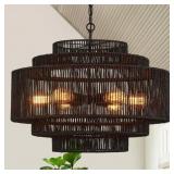 $190 6-LIGHT FARMHOUSE BOHO BLACK HAND-WOVEN RATTA
