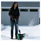 $107 12  ELECTRIC SNOW BLOWER, SNOW SHOVEL, BATTER