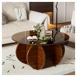 $225 SOLID WOOD ROUND COFFEE TABLE WITH SMOKED TEM