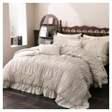 HERSIDE BEIGE COMFORTER SET QUEEN SIZE,RUCHED NEUT