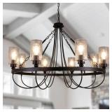$379 WELLMET BLACK CHANDELIER, 8-LIGHT WAGON WHEEL