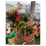 (1) LOT TWO METAL PITCHER DECOR WITH FAUX FLOWERS