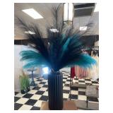 BLACK VASE WITH TEAL & BLACK FEATHER ACCENTS