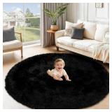 BLACK ROUND RUG FOR BEDROOM: SOFT FLUFFY SHAG WASH