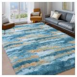 SHAG RUGS FOR BEDROOM, 4X6 ABSTRACT BLUE YELLOW SO