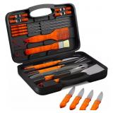 22-PIECE STAINLESS STEEL WOOD BBQ GRILL TOOL SET