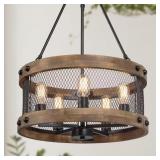 $220 WOOD DRUM CHANDELIER 5-LIGHT BROWN CANDLE BLA