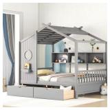 $426 GRAY WOOD FULL SIZE HOUSE BED WITH 2 UNDER-BE