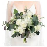 RINLONG 13.7" WHITE GREEN BRIDAL BOUQUET, SILK WED